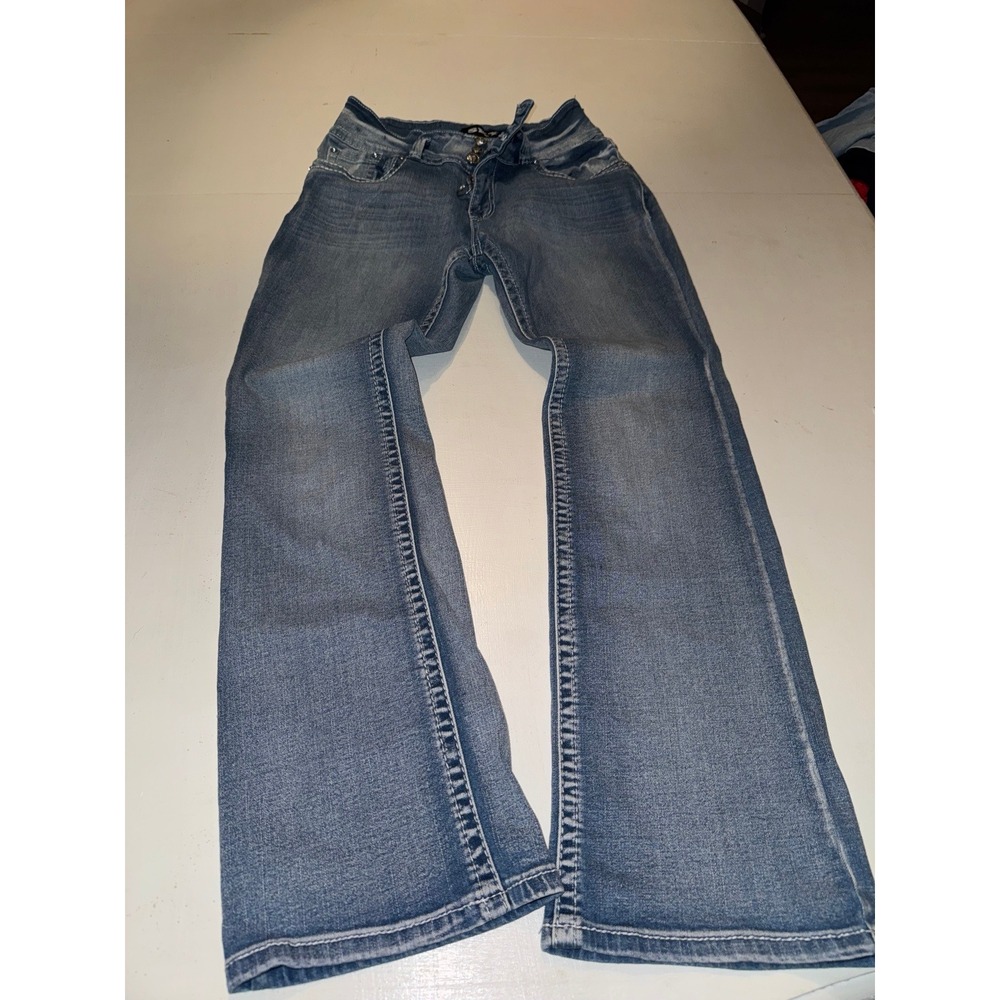Sky High Rise Flare Jeans Blue Denim Stitch Triple Button Size 11/12 Y2K